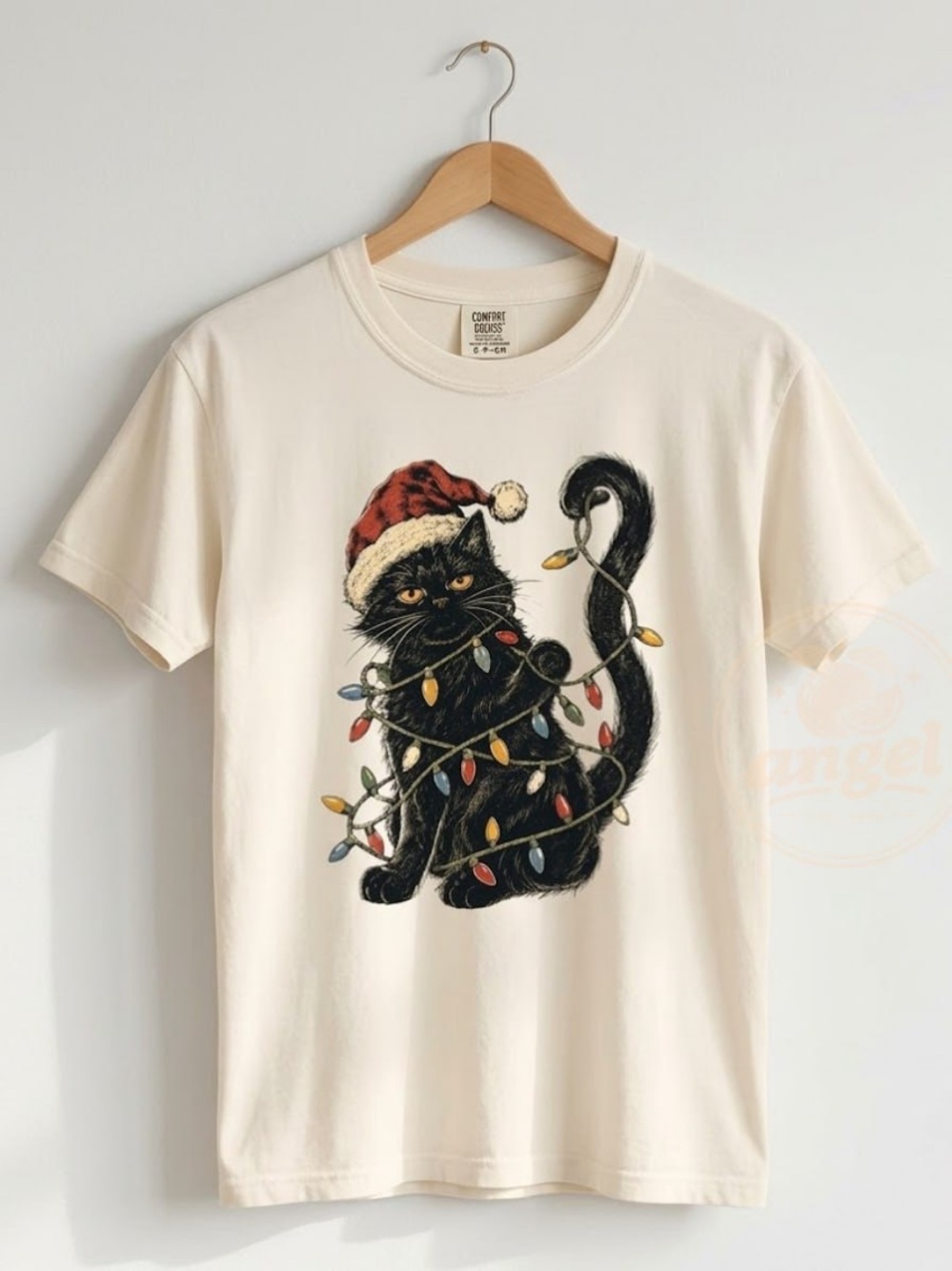 Comfort Colors Ivory Tee with Black Cat and Holiday Lights